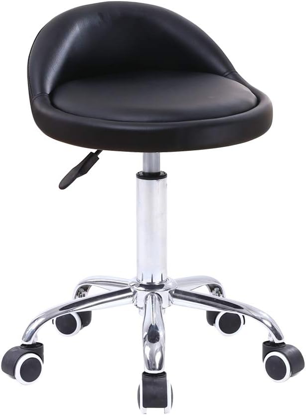 PU Leather Round Rolling Stool with Back Rest, Height Adjustable Swivel Drafting Chair with Wheels, Black – SPA Salon Tattoo Massage Work Chair