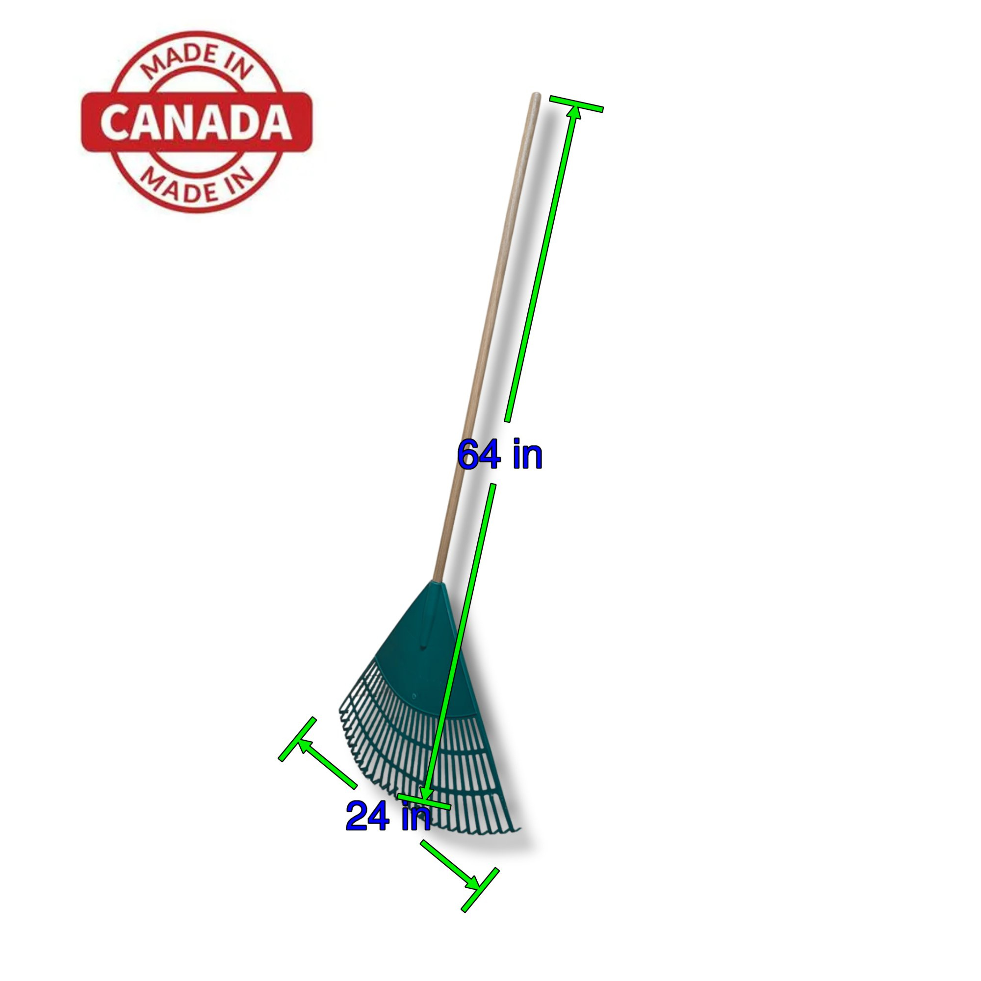Plastic Leaf Rake with Wooden Handle – Lightweight Green Garden Rake – Made in Canada – Multiple Sizes for Yard, Lawn & Leaves
