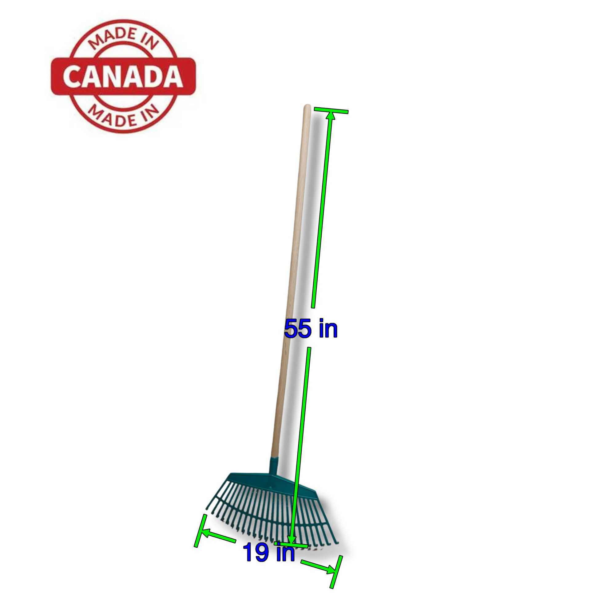 Plastic Leaf Rake with Wooden Handle – Lightweight Green Garden Rake – Made in Canada – Multiple Sizes for Yard, Lawn & Leaves