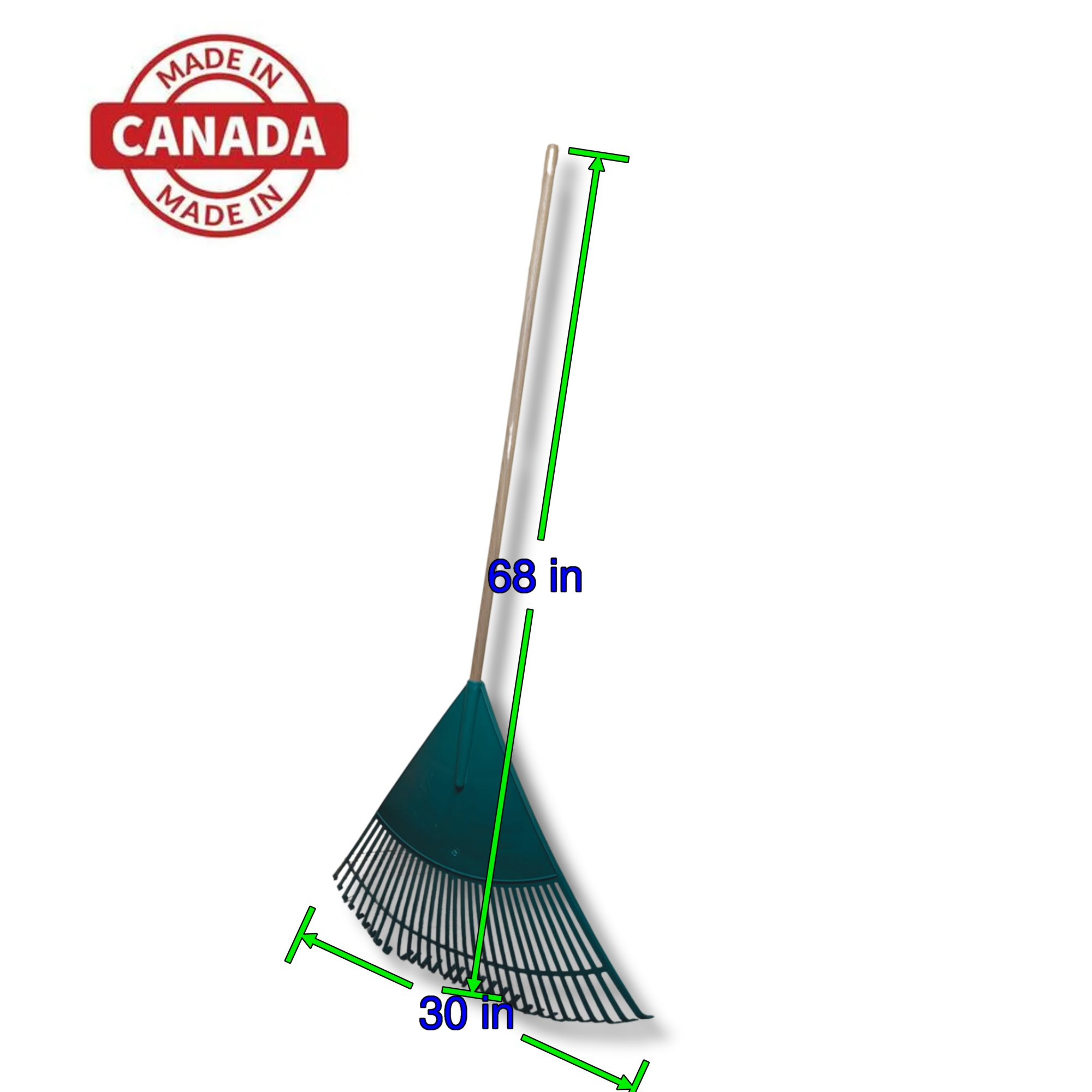 Plastic Leaf Rake with Wooden Handle – Lightweight Green Garden Rake – Made in Canada – Multiple Sizes for Yard, Lawn & Leaves