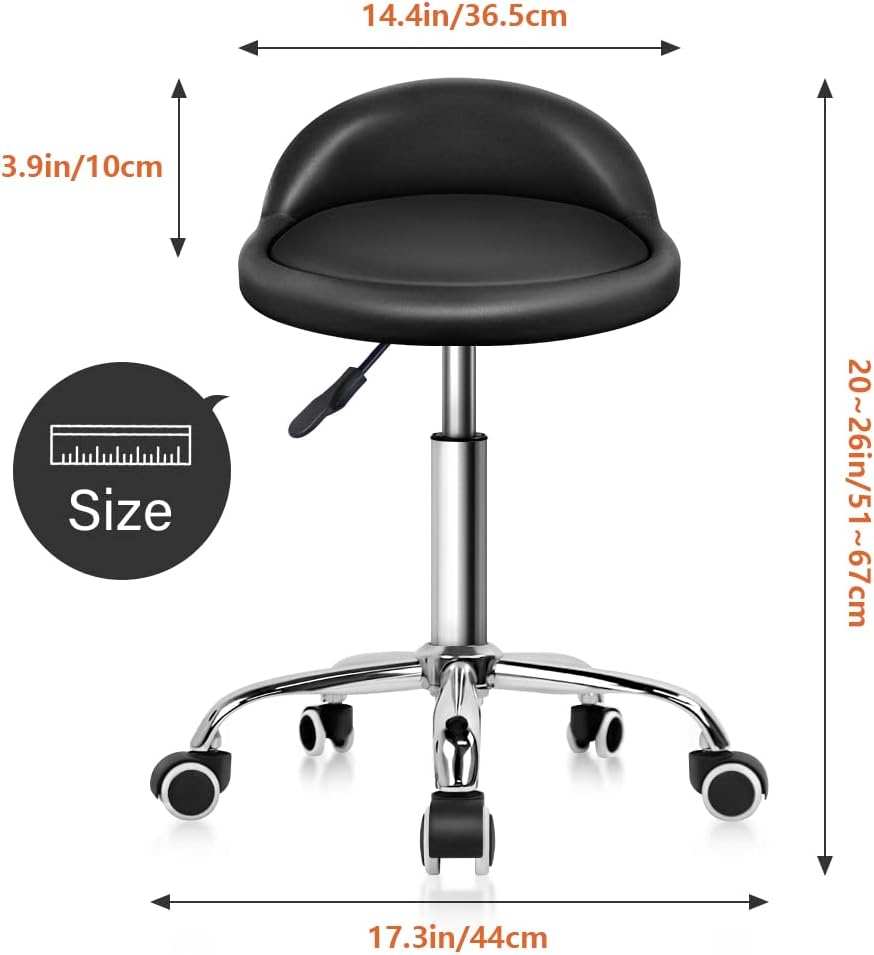 PU Leather Round Rolling Stool with Back Rest, Height Adjustable Swivel Drafting Chair with Wheels, Black – SPA Salon Tattoo Massage Work Chair