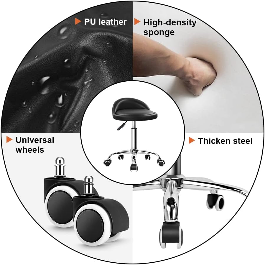 PU Leather Round Rolling Stool with Back Rest, Height Adjustable Swivel Drafting Chair with Wheels, Black – SPA Salon Tattoo Massage Work Chair