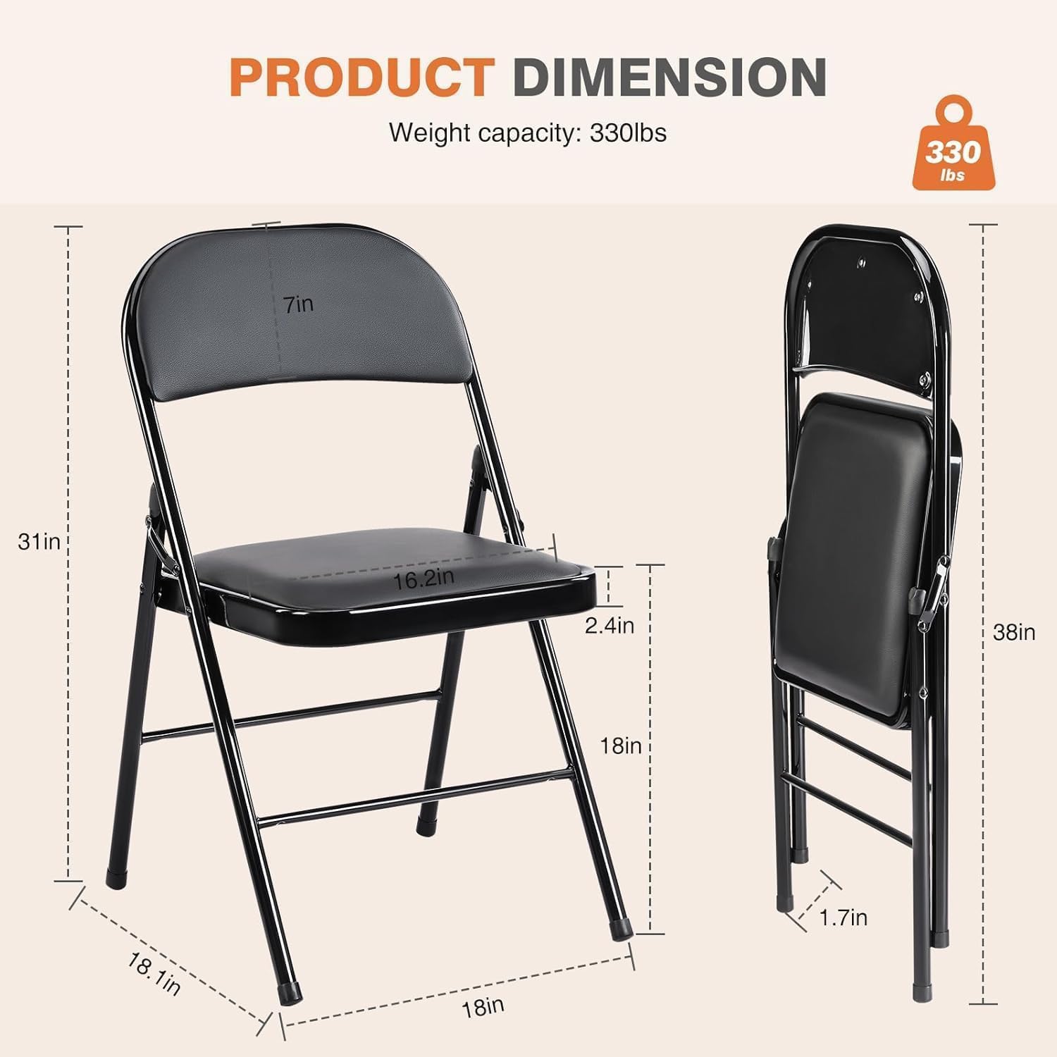 BluSkyze Leather Padded Folding Chairs – Sturdy Metal Frame, Easy to Fold & Store – Comfortable Indoor/Outdoor Seating for Home, Office, Church, Party, or Events – Black (2)
