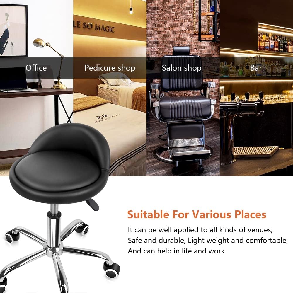 PU Leather Round Rolling Stool with Back Rest, Height Adjustable Swivel Drafting Chair with Wheels, Black – SPA Salon Tattoo Massage Work Chair