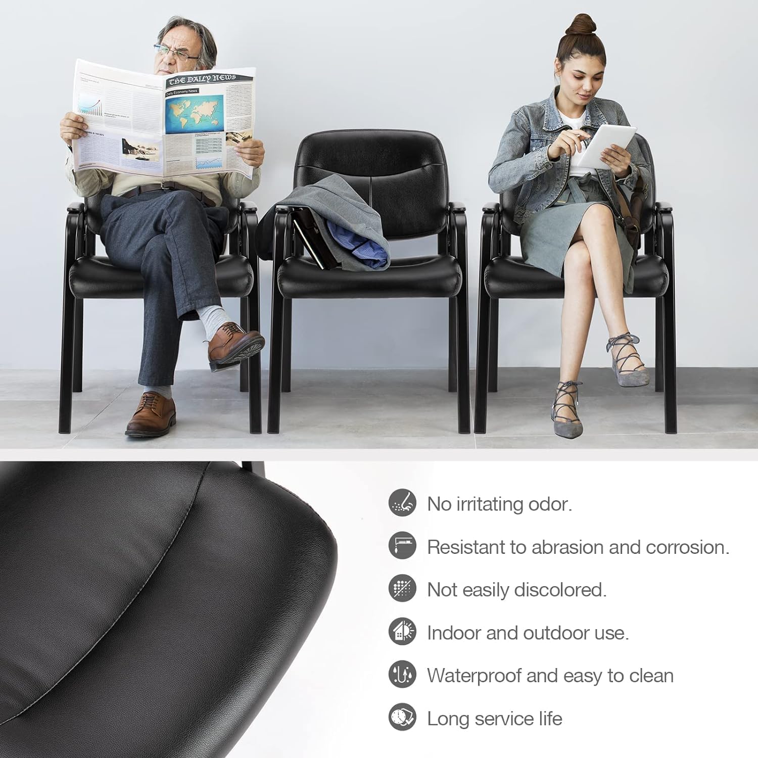 BluSkyze Guest Reception Chair Waiting Room Chair, Stackable with Fixed PU Leather Padded Armrest, Clinic Chairs, Lumbar Support,Office Desk Chairs Without Wheels, Library, Church, Barber Store (1)