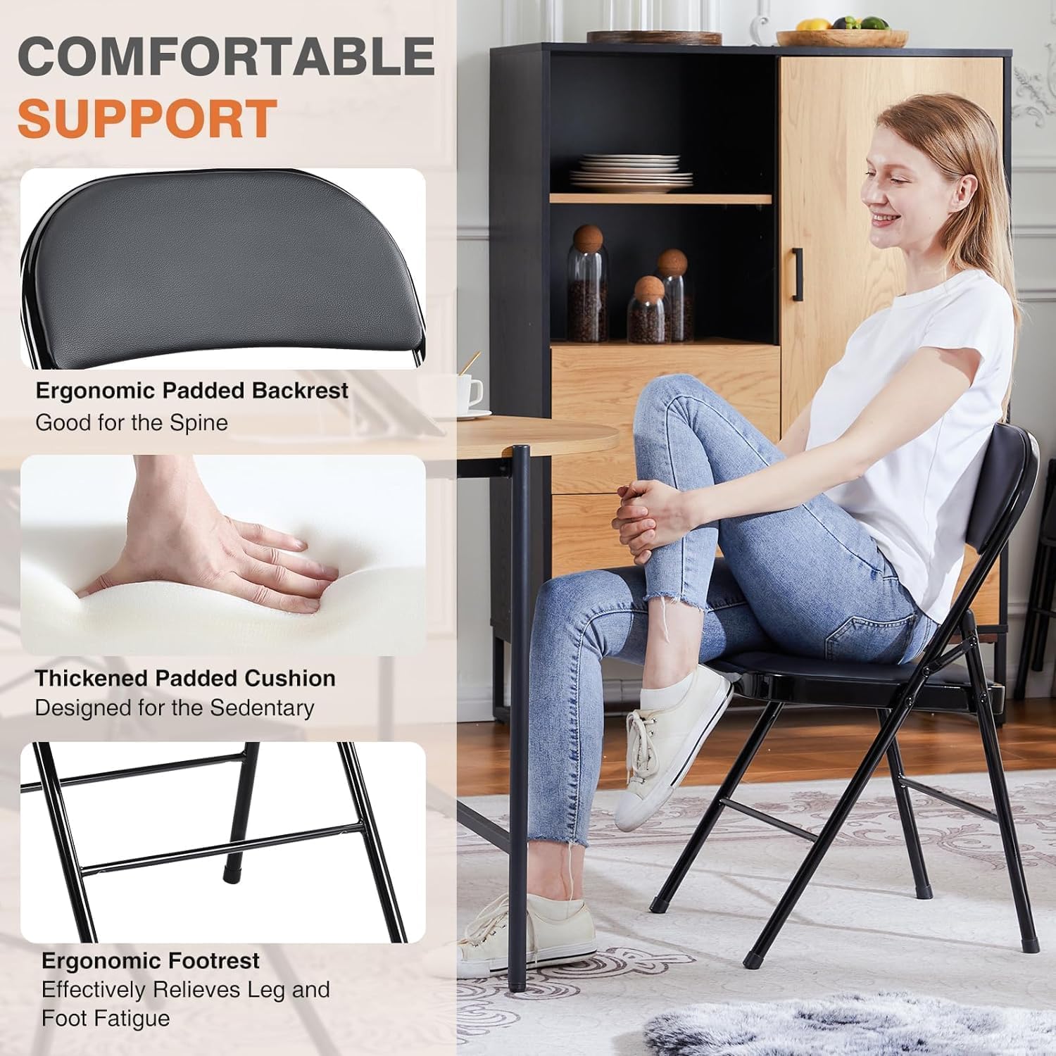 BluSkyze Leather Padded Folding Chairs – Sturdy Metal Frame, Easy to Fold & Store – Comfortable Indoor/Outdoor Seating for Home, Office, Church, Party, or Events – Black (2)
