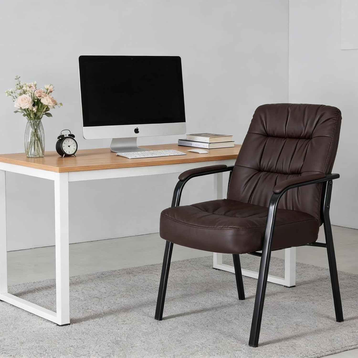 Ergonomic Office Guest Chair, Modern PU Leather Reception Chair with Padded Armrests, Metal Frame, Stationary Waiting Room Chair for Office, Conference Room, Lobby, Bedroom (1)