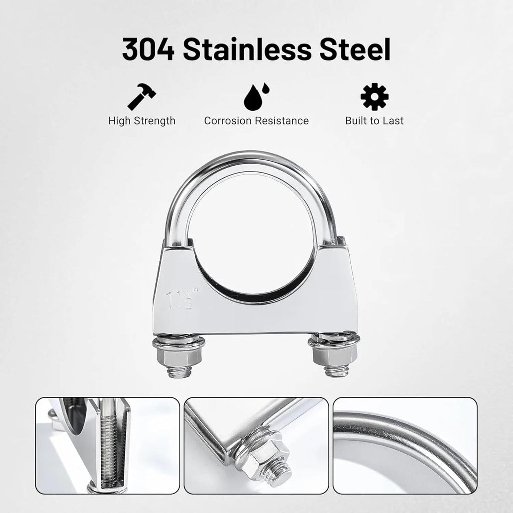 Heavy Duty Stainless Steel U Bolt Exhaust Clamp (2 PCS) – Made in Canada – Saddle Style Muffler Clamp for Exhaust Pipes, Mufflers & Couplers – Corrosion Resistant – Sizes 1.5" to 5" (1.5")