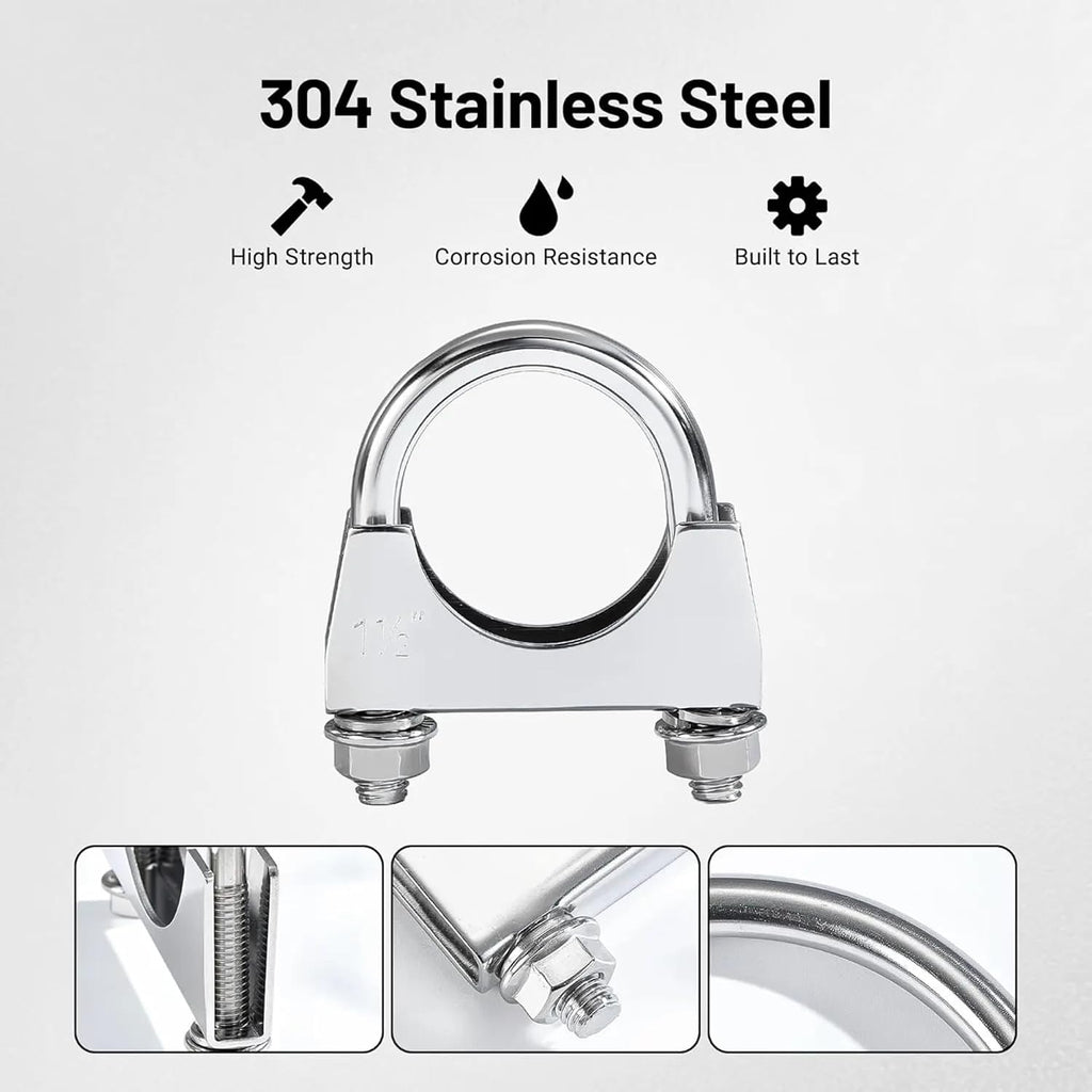 Heavy Duty Stainless Steel U Bolt Exhaust Clamp (2 PCS) – Made in Canada – Saddle Style Muffler Clamp for Exhaust Pipes, Mufflers & Couplers – Corrosion Resistant – Sizes 1.5" to 5" (1.5")