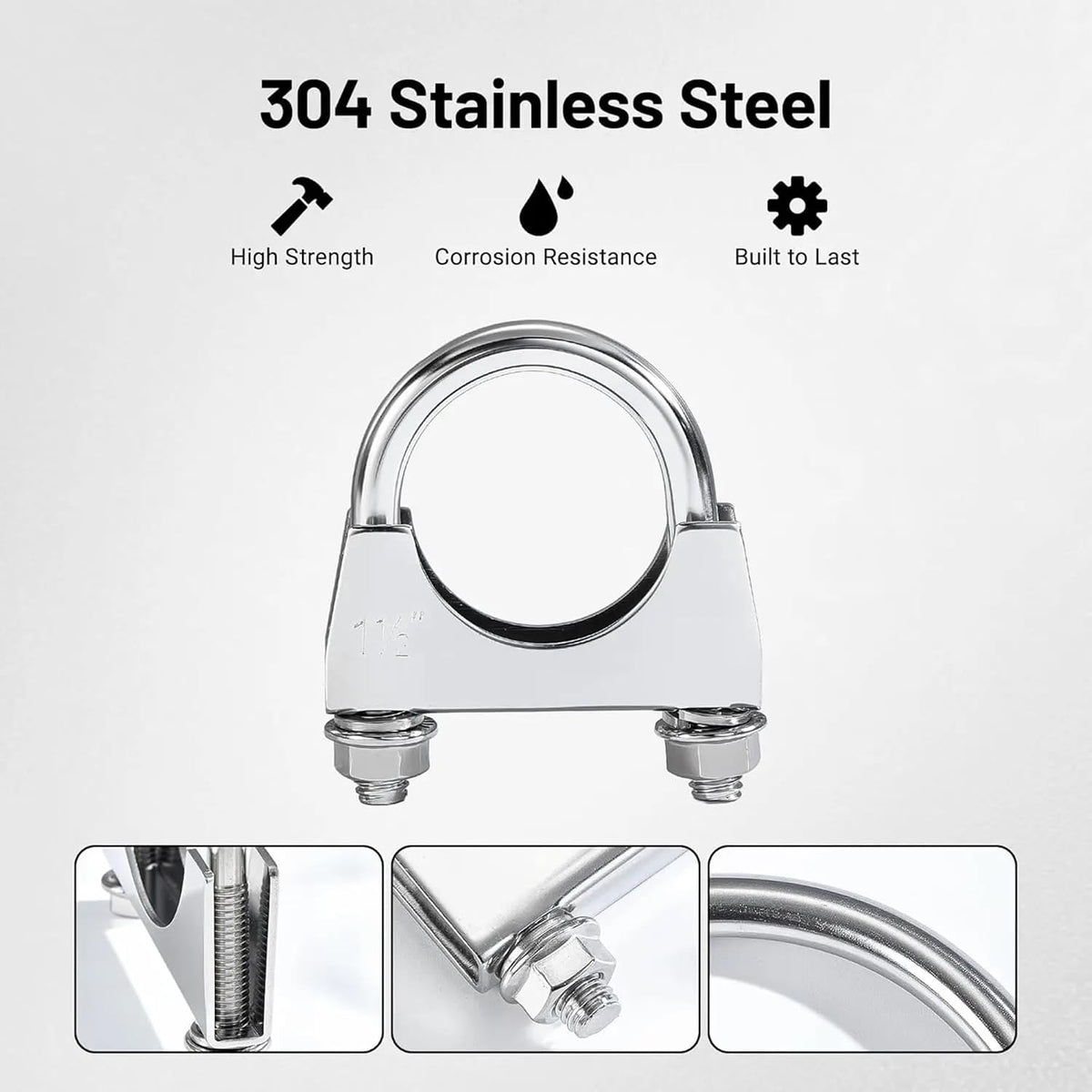 Heavy Duty Stainless Steel U Bolt Exhaust Clamp (2 PCS) – Made in Canada – Saddle Style Muffler Clamp for Exhaust Pipes, Mufflers & Couplers – Corrosion Resistant – Sizes 1.5" to 5" (1.5")