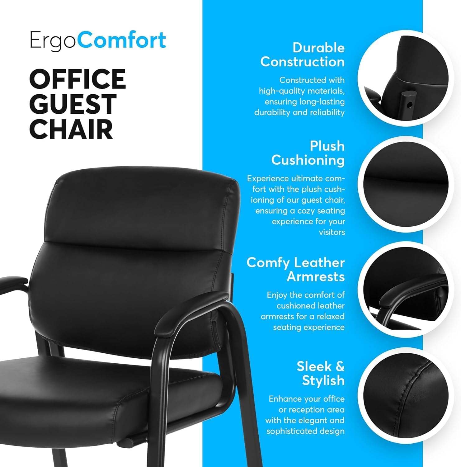 BluSkyze ErgoComfort Guest Office Chair – Padded Leather Reception Chair with Lumbar Support, Durable Metal Frame – Ideal for Waiting Rooms, Conference Rooms, and Visitor Seating (1)