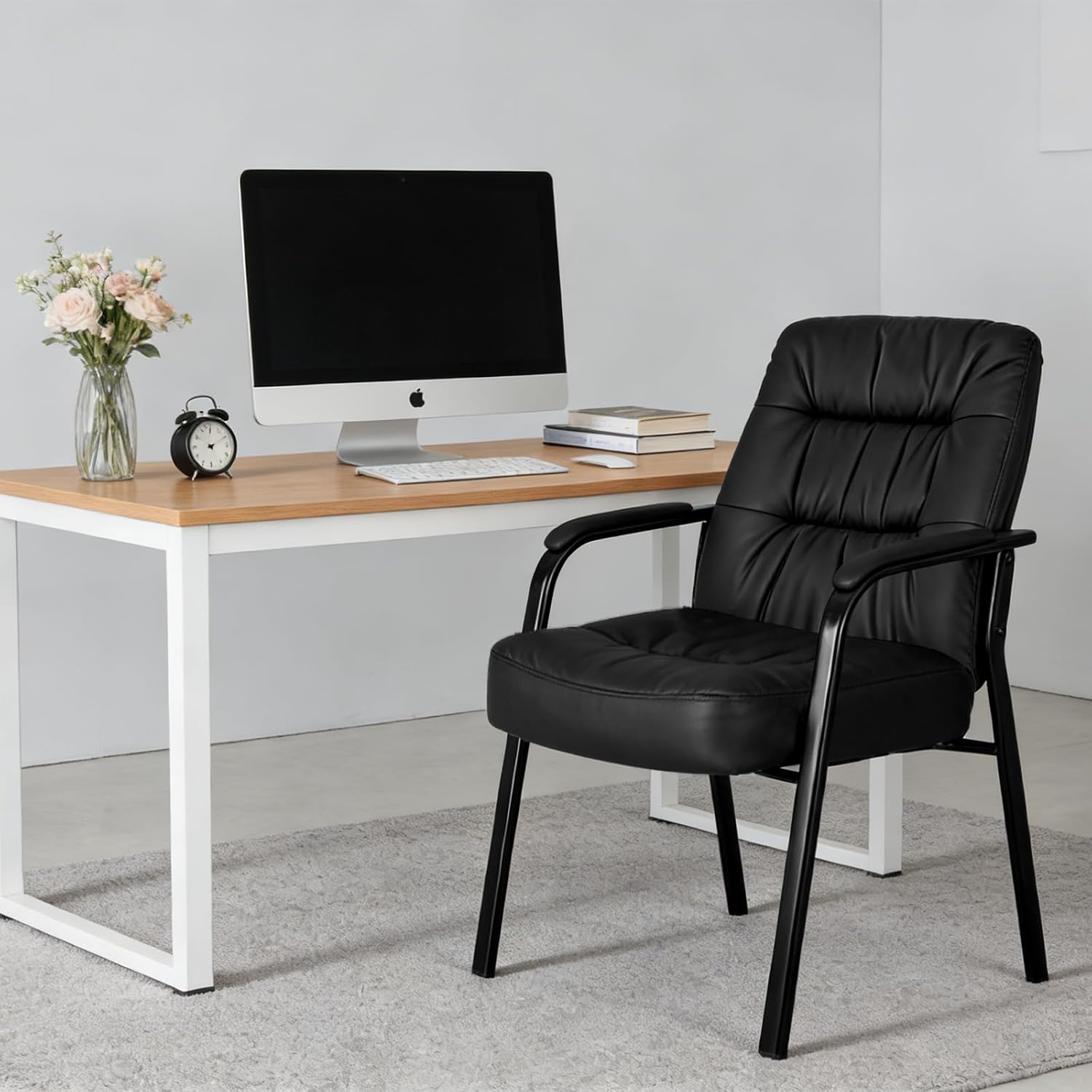 Ergonomic Office Guest Chair, Modern PU Leather Reception Chair with Padded Armrests, Metal Frame, Stationary Waiting Room Chair for Office, Conference Room, Lobby, Bedroom (1)