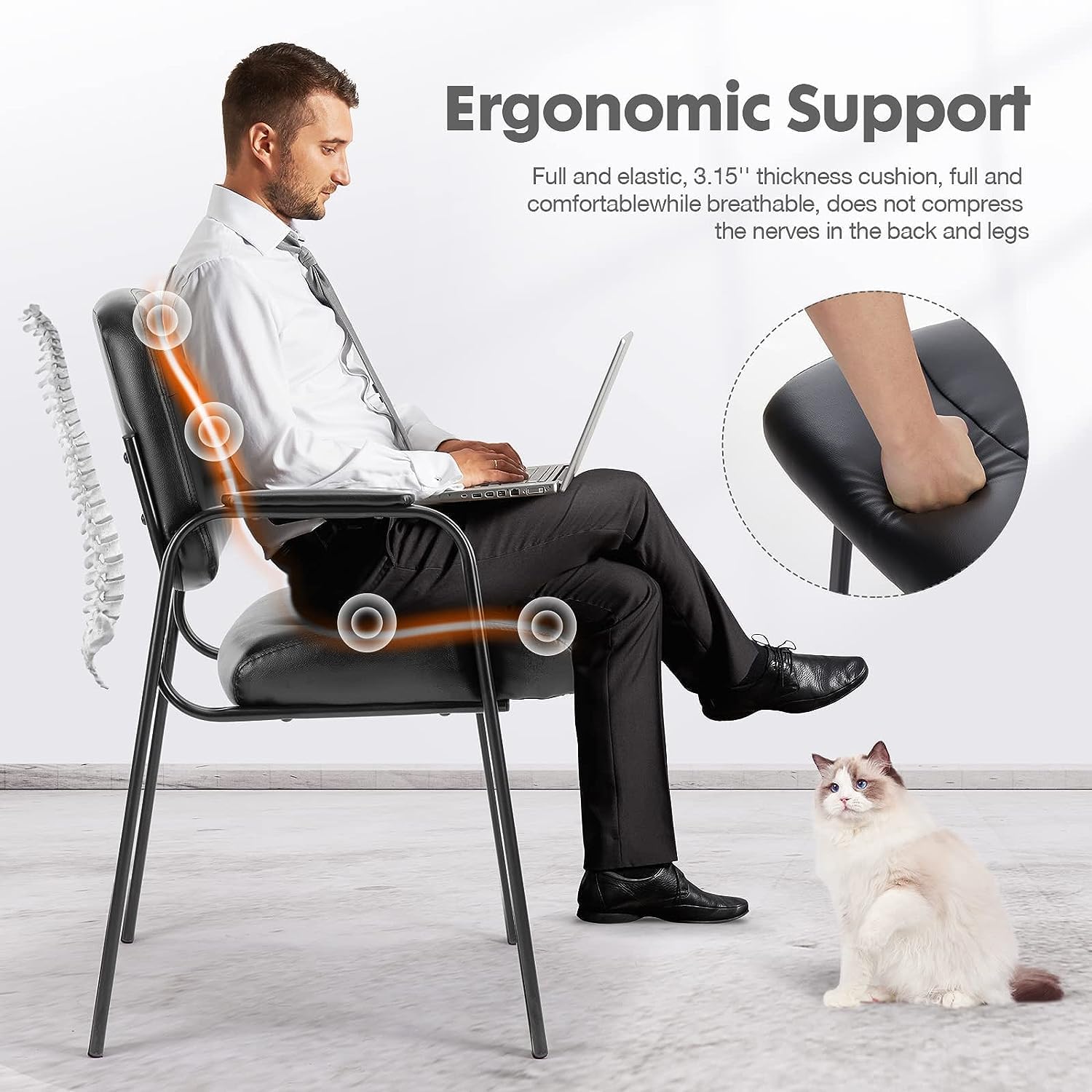 BluSkyze Guest Reception Chair Waiting Room Chair, Stackable with Fixed PU Leather Padded Armrest, Clinic Chairs, Lumbar Support,Office Desk Chairs Without Wheels, Library, Church, Barber Store (1)