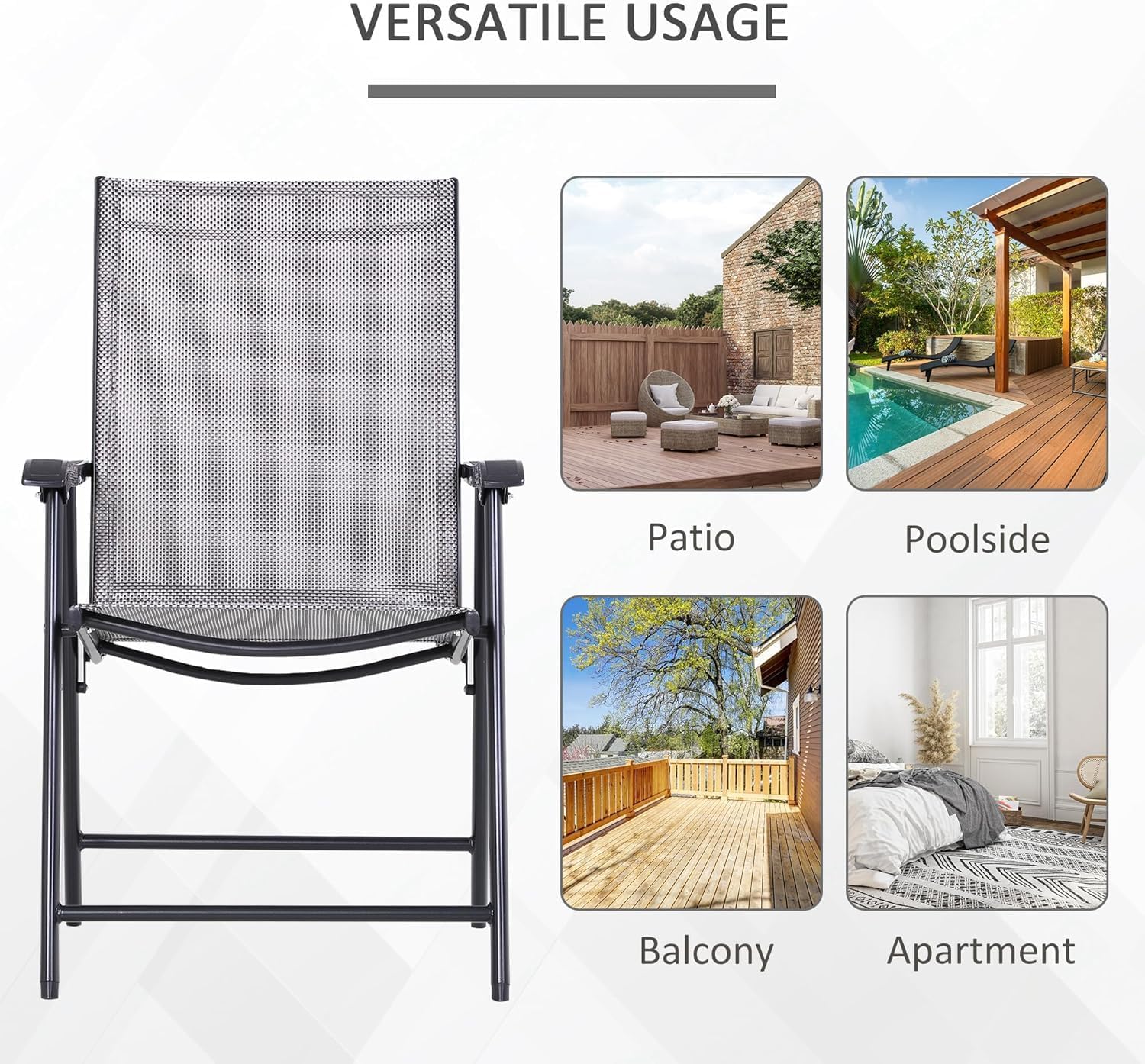 BluSkyze 4-Piece Folding Dining Chair Set for Relaxing on Patio, Balcony, or Garden, Comfortable Outdoor Furniture with Armrests, Grey