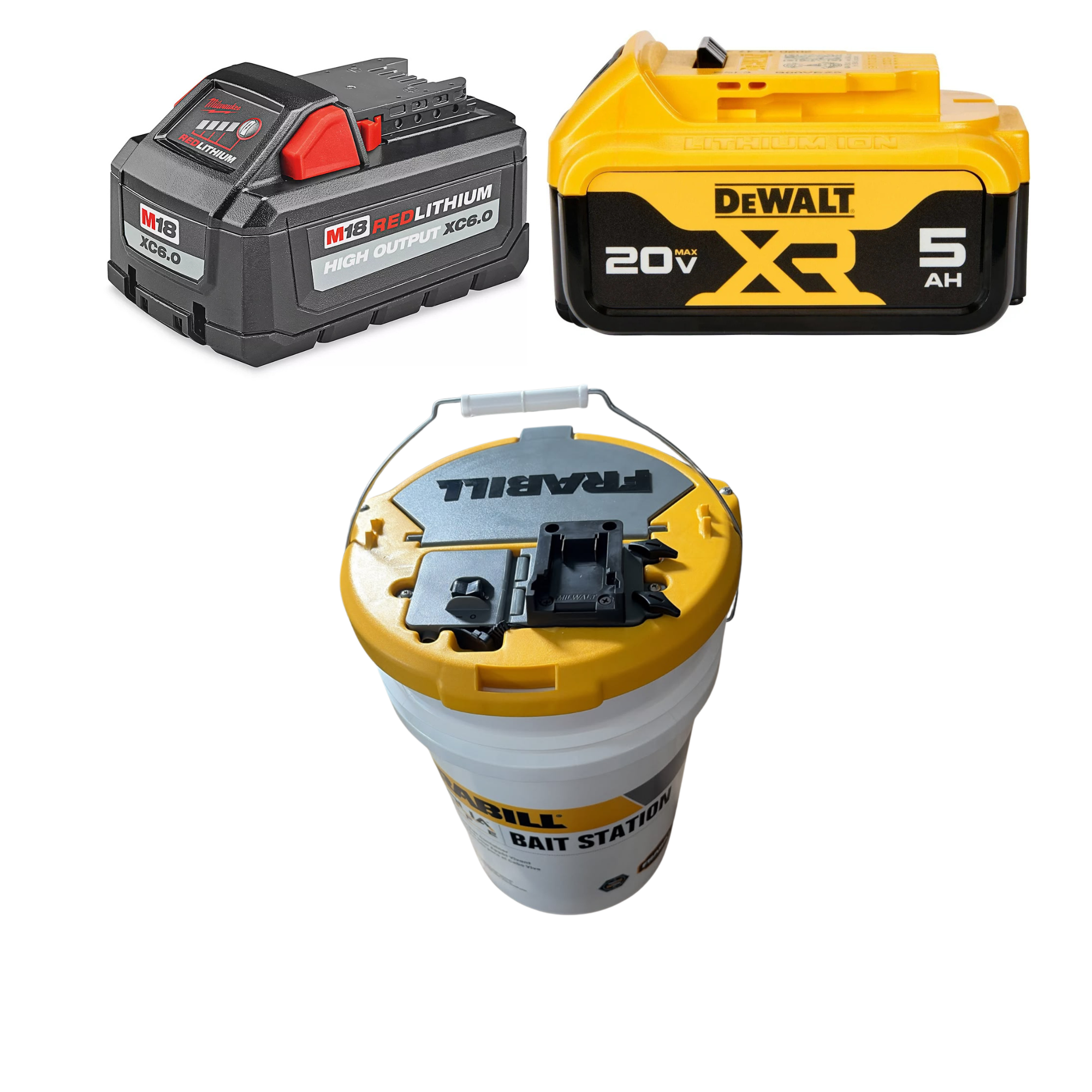 Universal Cordless Bait Station Kit - Frabill Bucket Adapter for DeWalt 20V MAX & Milwaukee M18 Batteries
